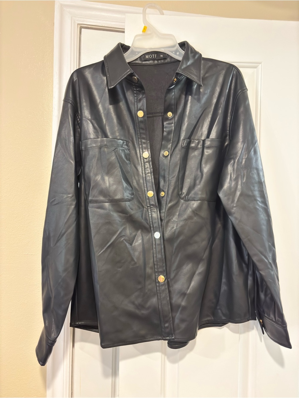 MOTF Black Faux Leather Button-Front Shirt Jacket with Gold Snaps